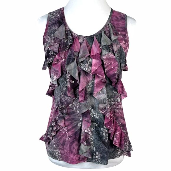 Dressbarn Floral and Animal Print Blouse, Purple, Gray, Petite Medium - Picture 1 of 9